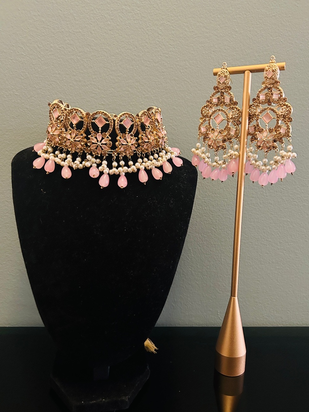 Gold-Plated Pink Stone Choker & Earring Set - Picture 2 of 5